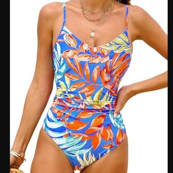 Cupshe Brand NWT Size Small Royal Blue/Tropical Print V Neck One Piece Swimsuit - Picture 1 of 6